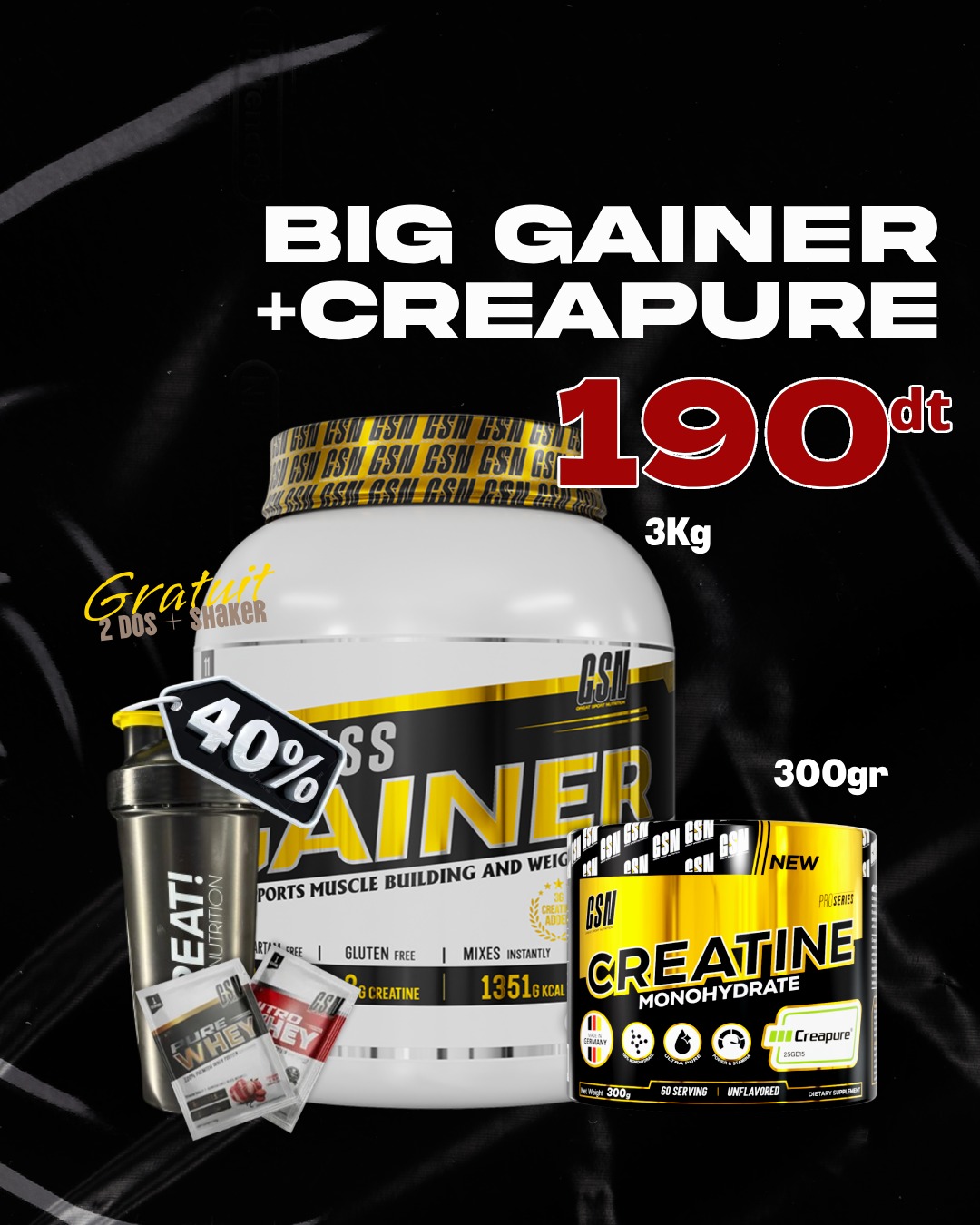 PACK GAINER 3KG+CREAPURE+SHAKER